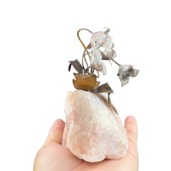 1960s Vintage Metal Flowers On A Pink Stone Mineral Rock Mid Century Figurine - Picture 8 of 10